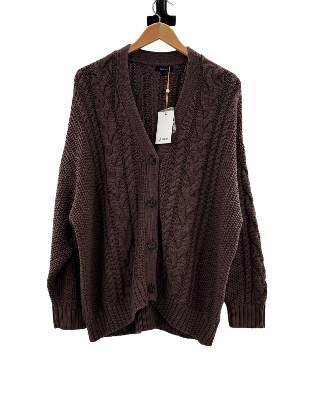 Quince 100% Organic Cotton Oversized Cable Knit Cardigan Heather Brown Large - Picture 9 of 16